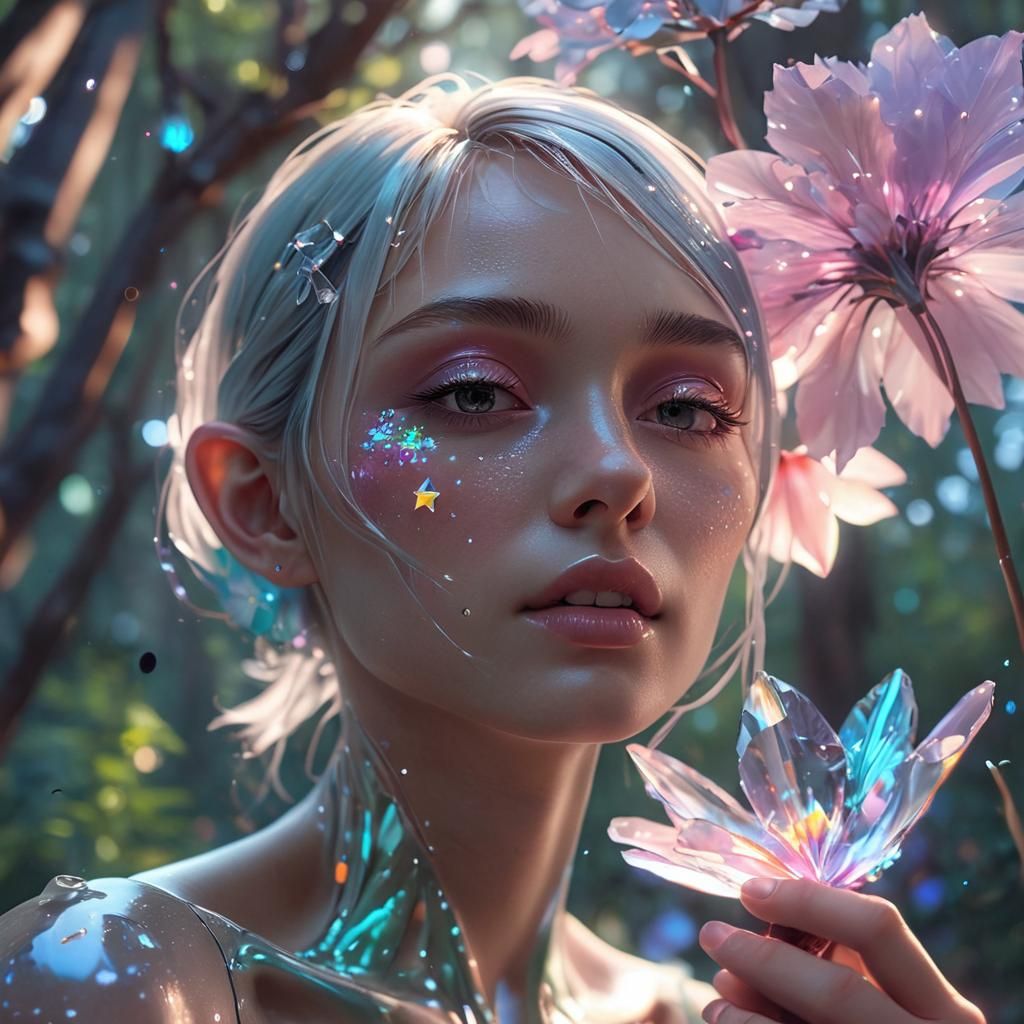 Ethereal Alien Woman Sniffs Crystal Flower, 3D Anime Art