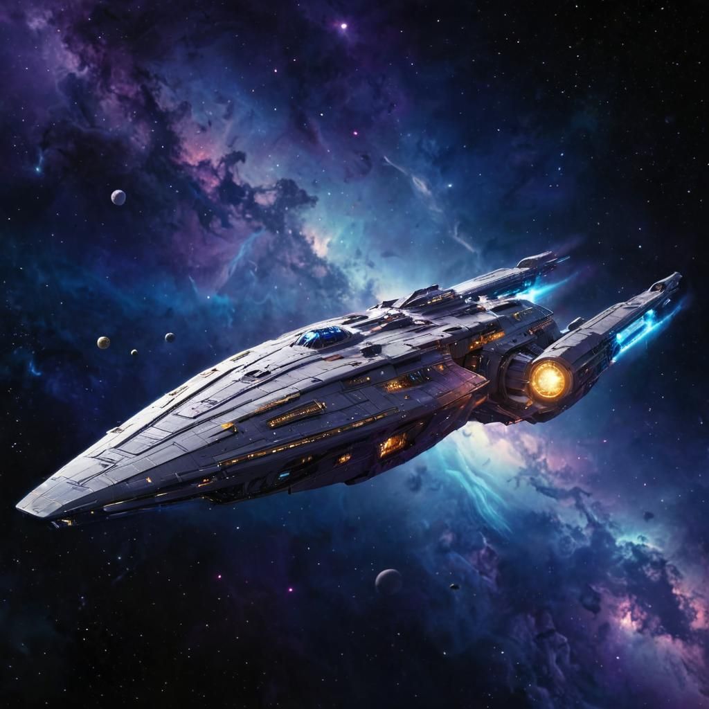 Starship Frigate Soaring Through Nebula in Digital Painting