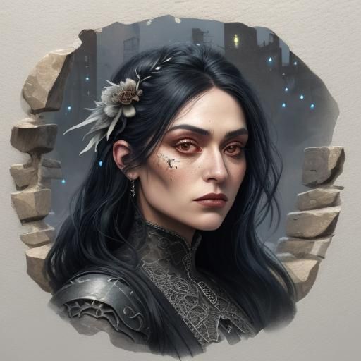 Gothic Woman Portrait Near Graffiti Wall, Digital Art