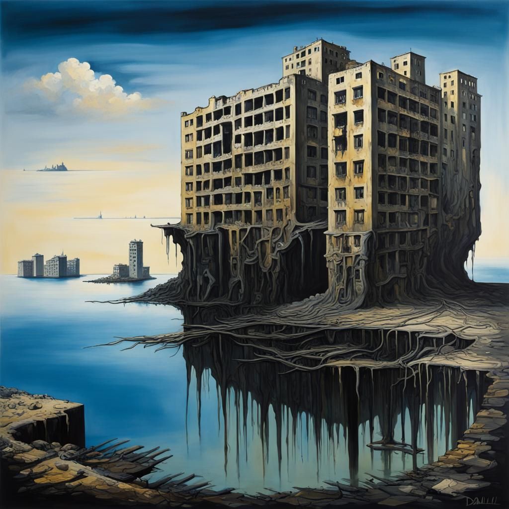 Hashima Island: Surreal Oil Painting in Dali Style