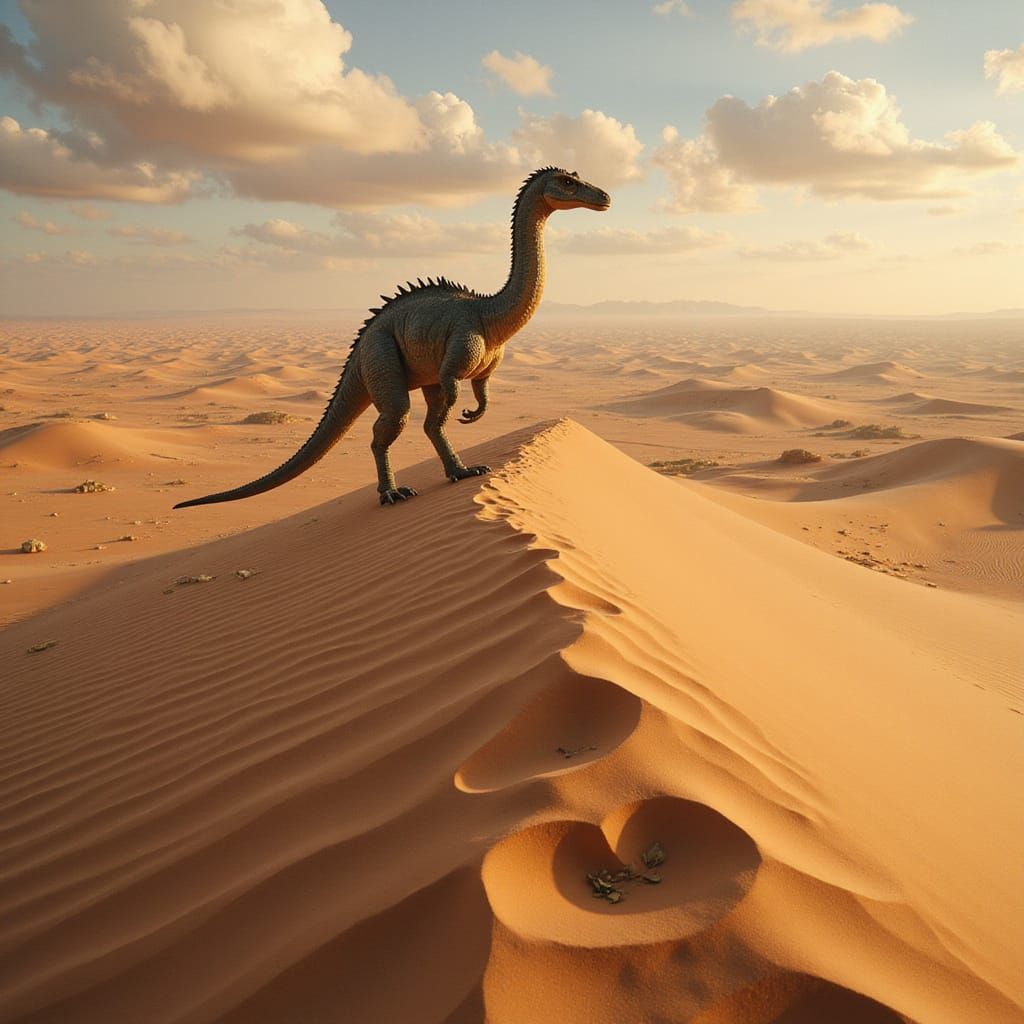 Feathered Dinosaur Overlooking Sand Dune Sea
