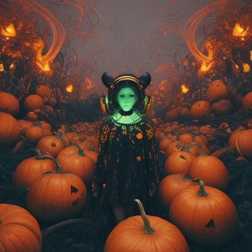 Surreal Pumpkin World with Giant Headphones in Abstract Expr...