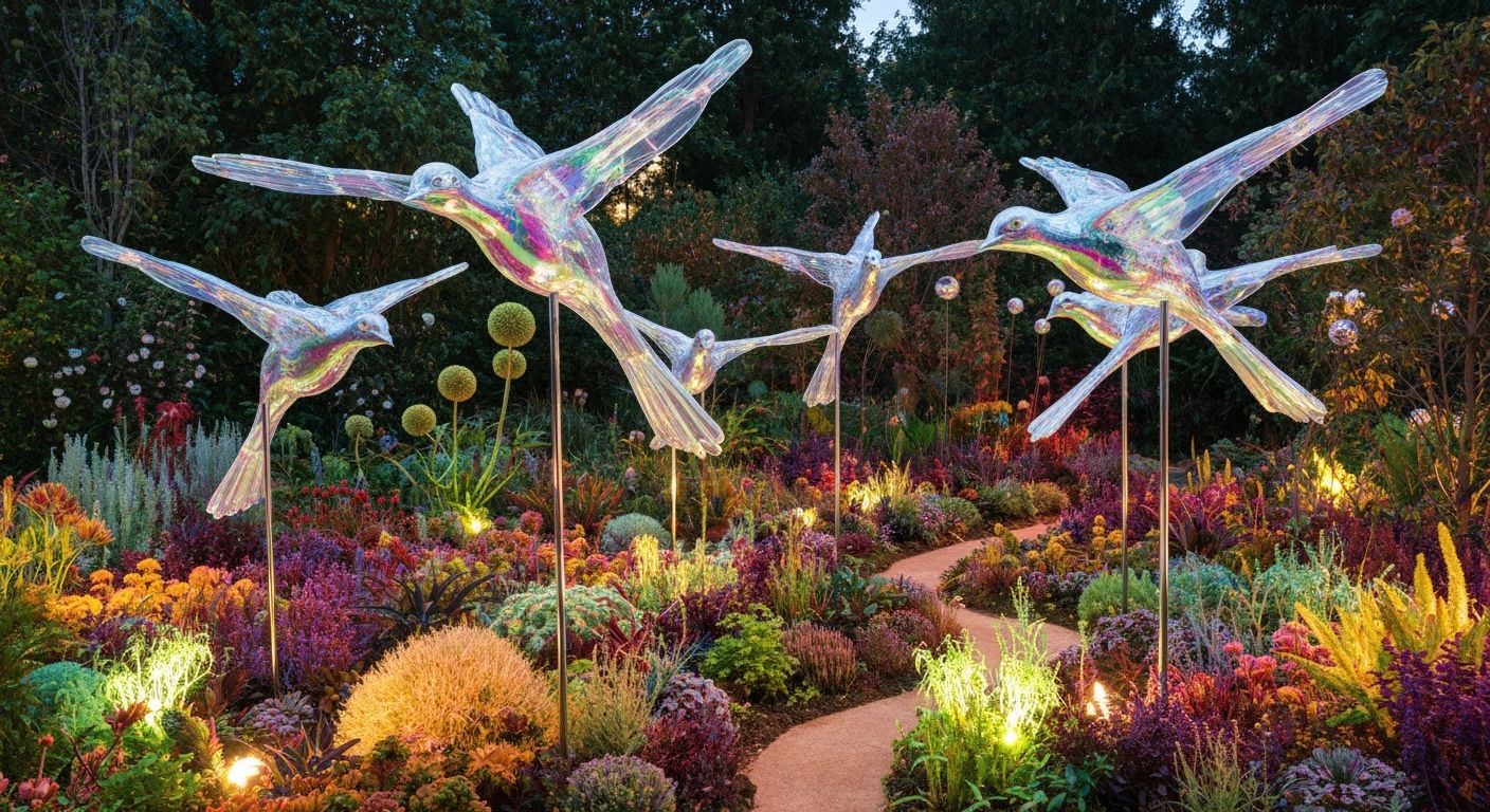 Kinetic Bird Sculptures in Surreal Garden