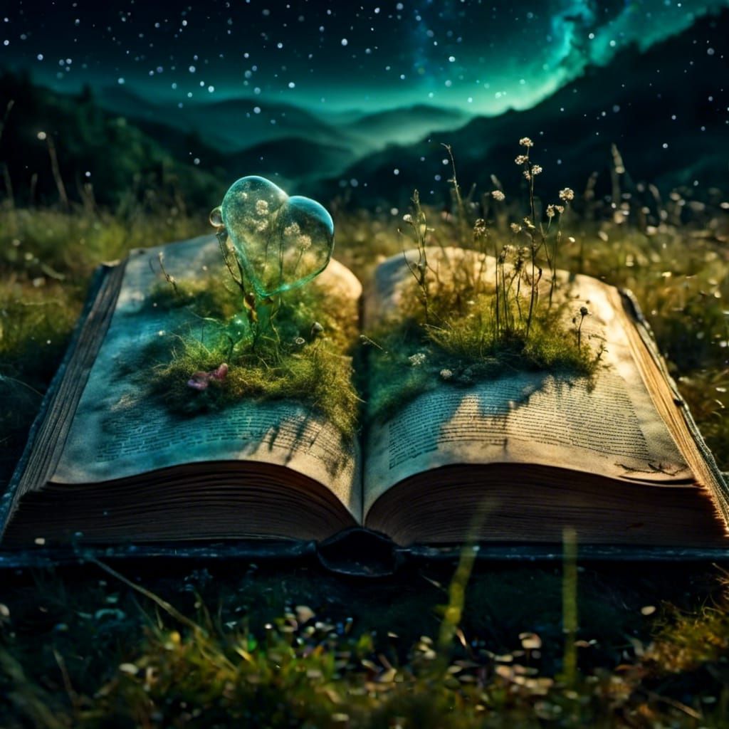 Old Book in Dewy Meadow at Night