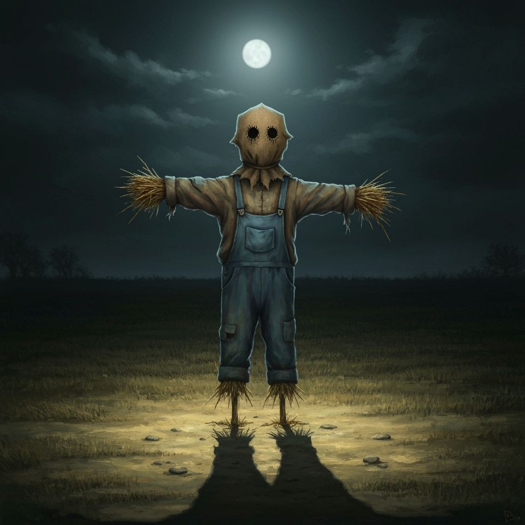 Eerie Scarecrow in Moonlit Field, Ominous Art Style