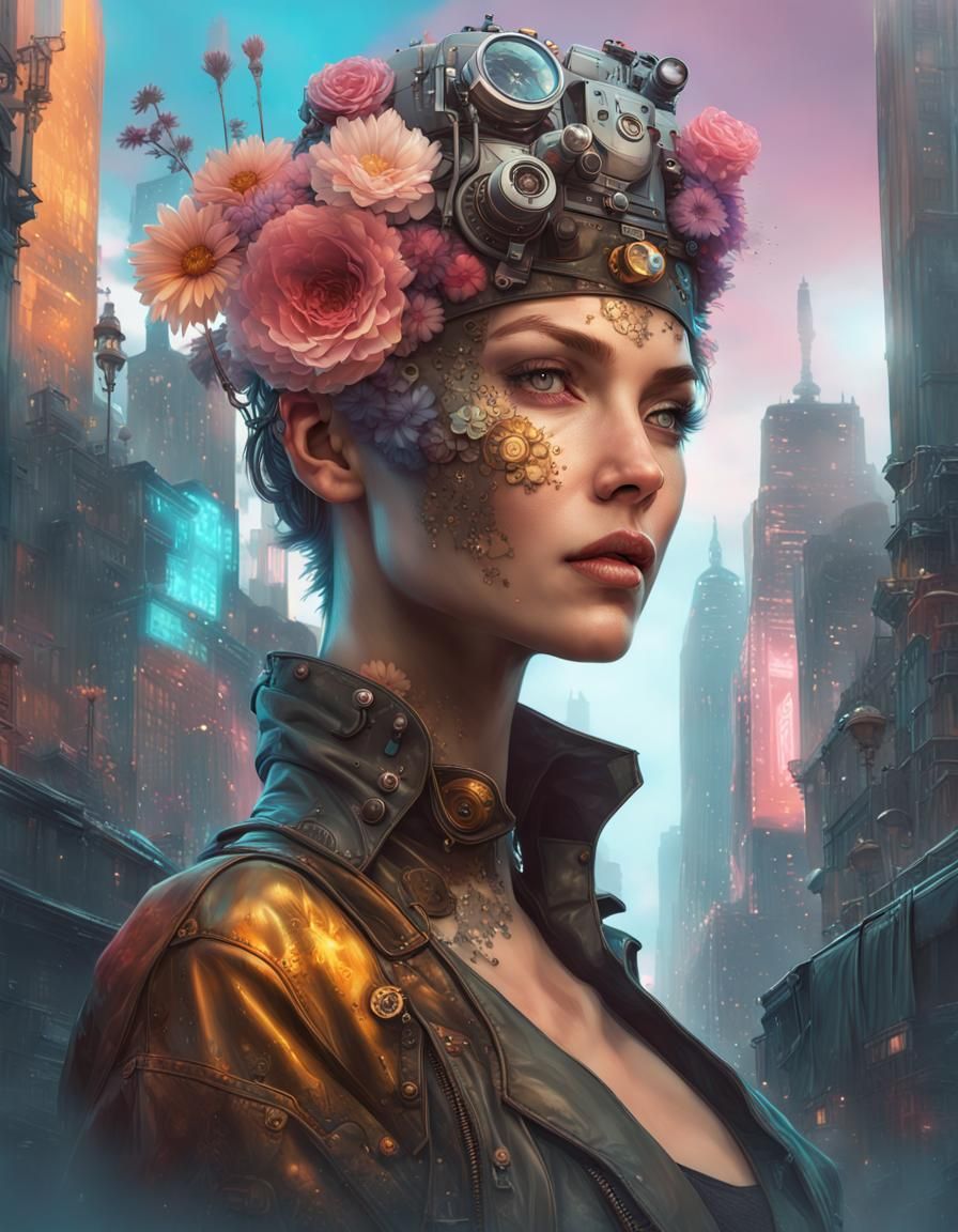 Steampunk City and Flowers Merged With Woman
