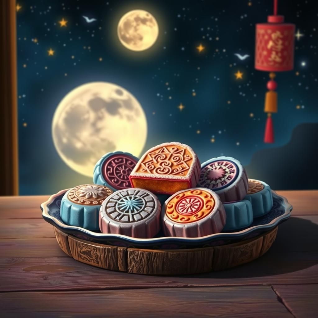 Mooncakes Under Full Moon in Mystical Realism Style