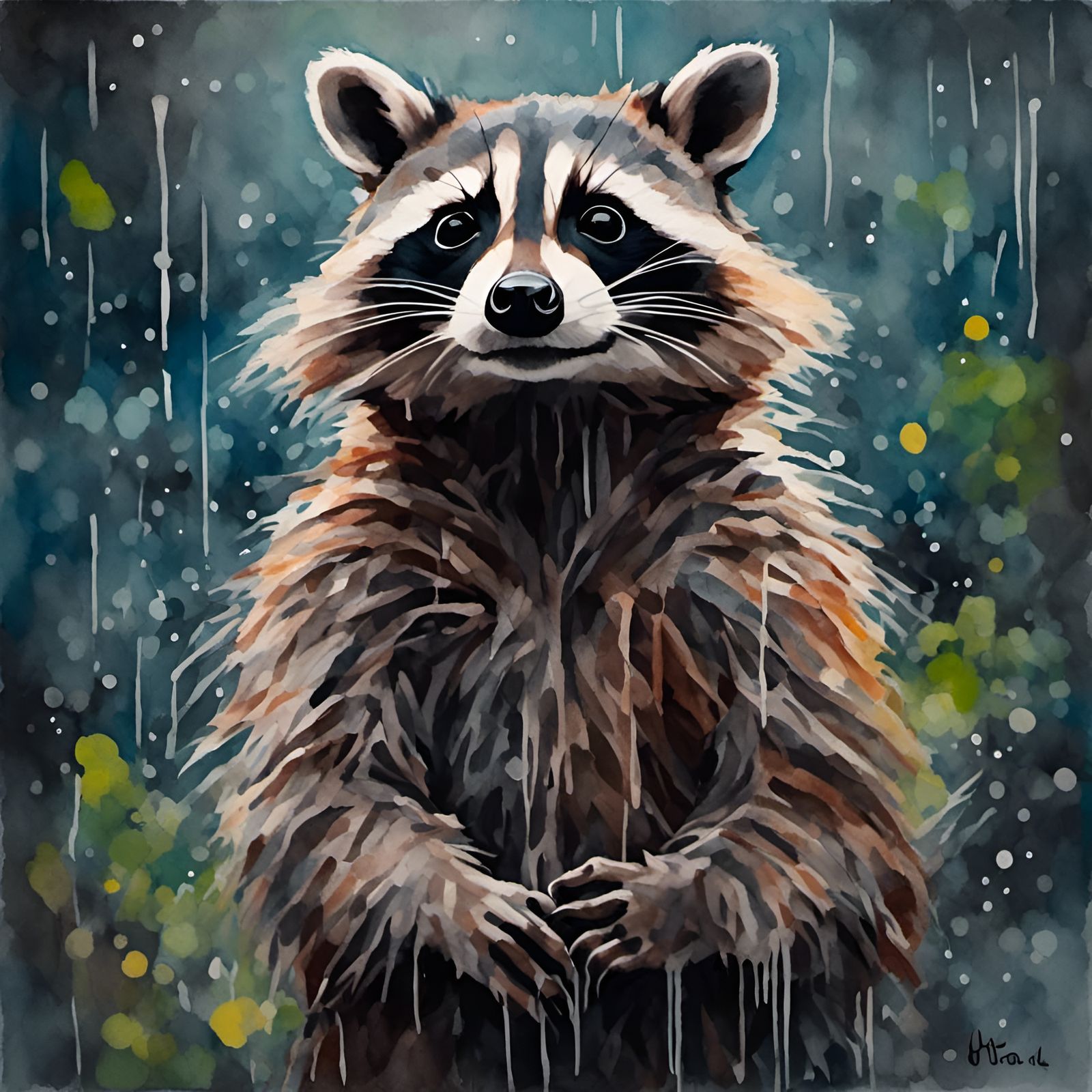 Raccoon Art in Crayon Wax Style
