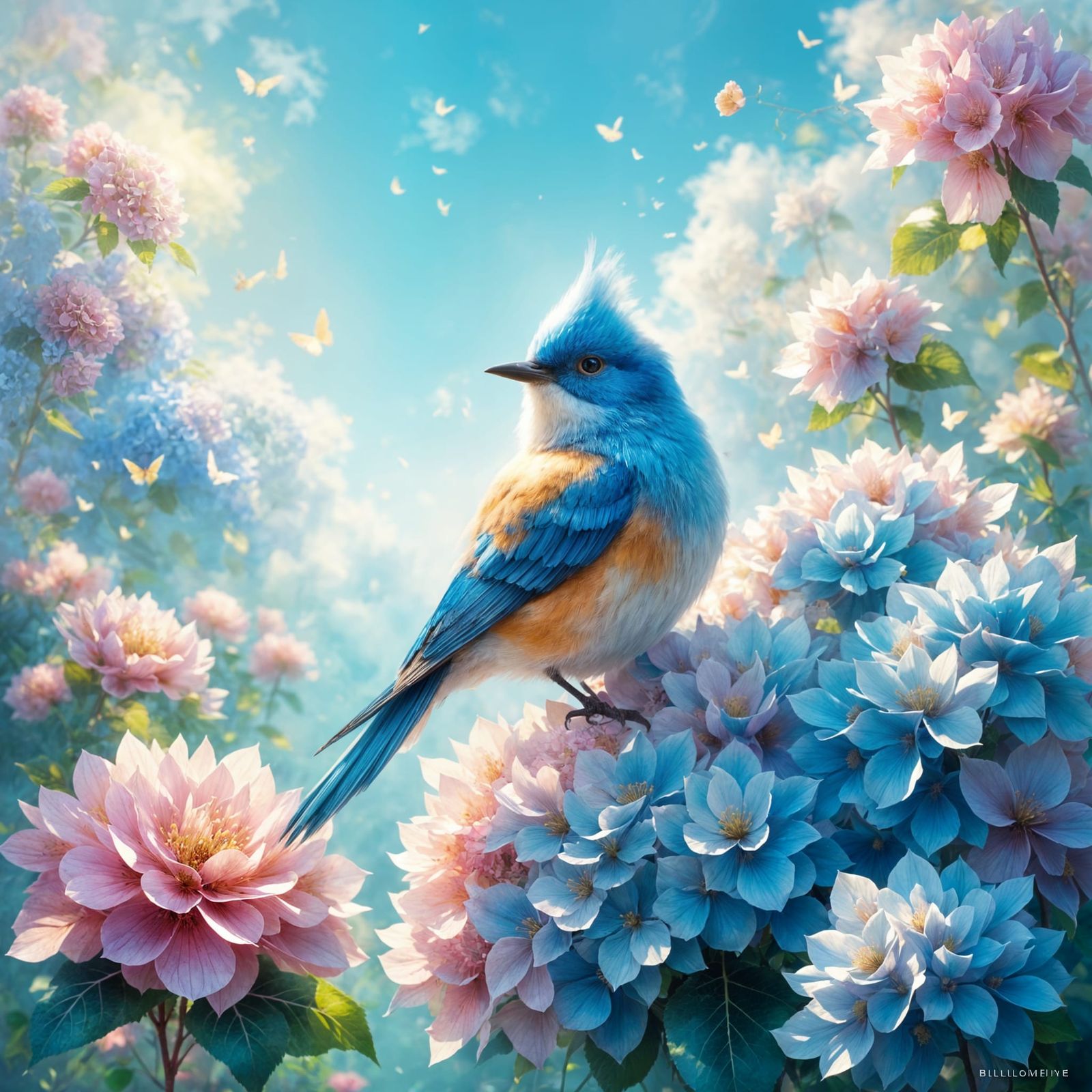 Dreamlike Bluebird on Vibrant Hydrangea in Whimsical Fantasy...