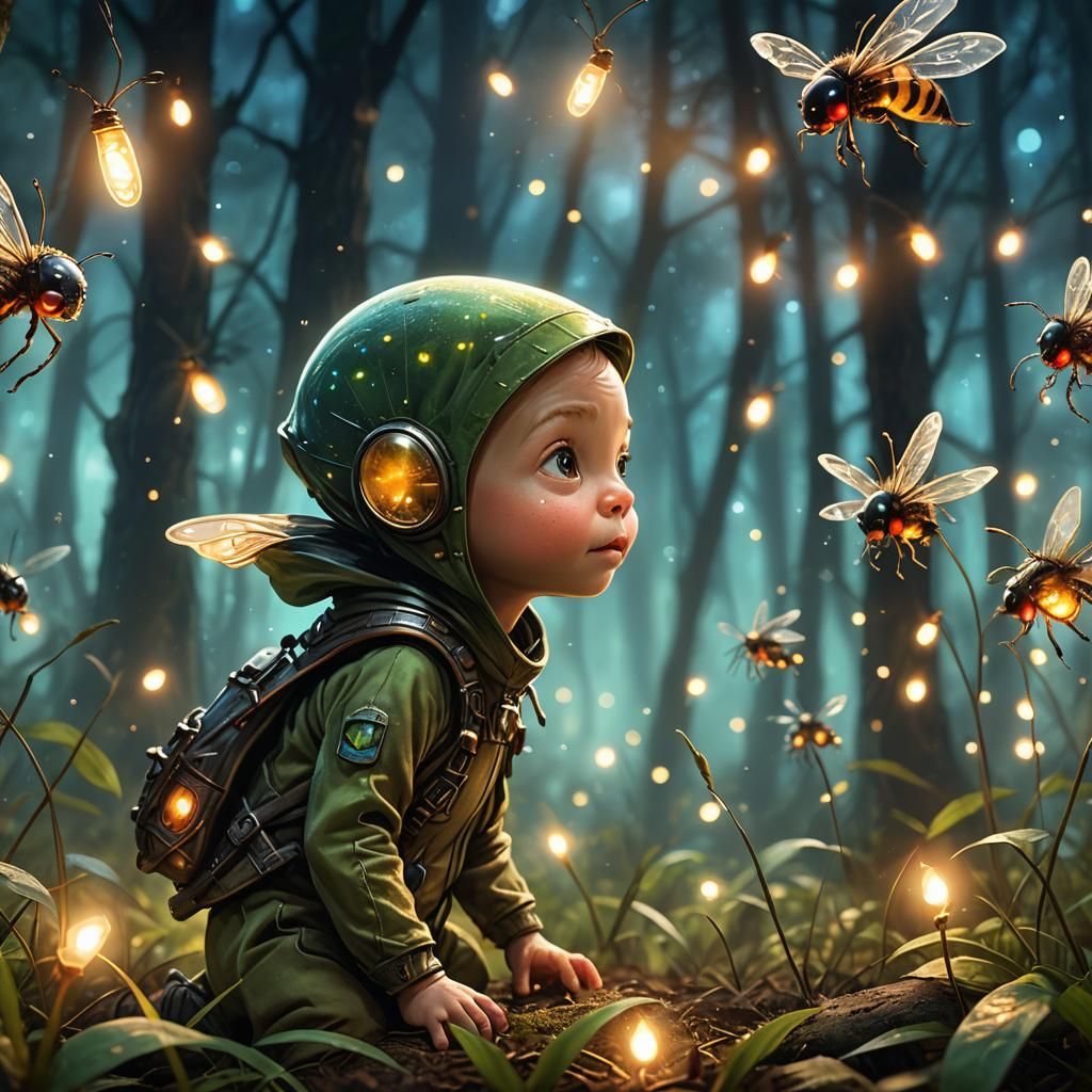 Cute Alien Baby in Enchanted Forest Illustration
