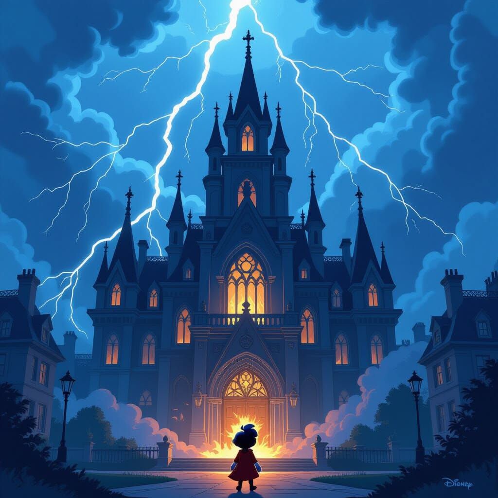 Disney Style Gothic Building Struck By Lightning