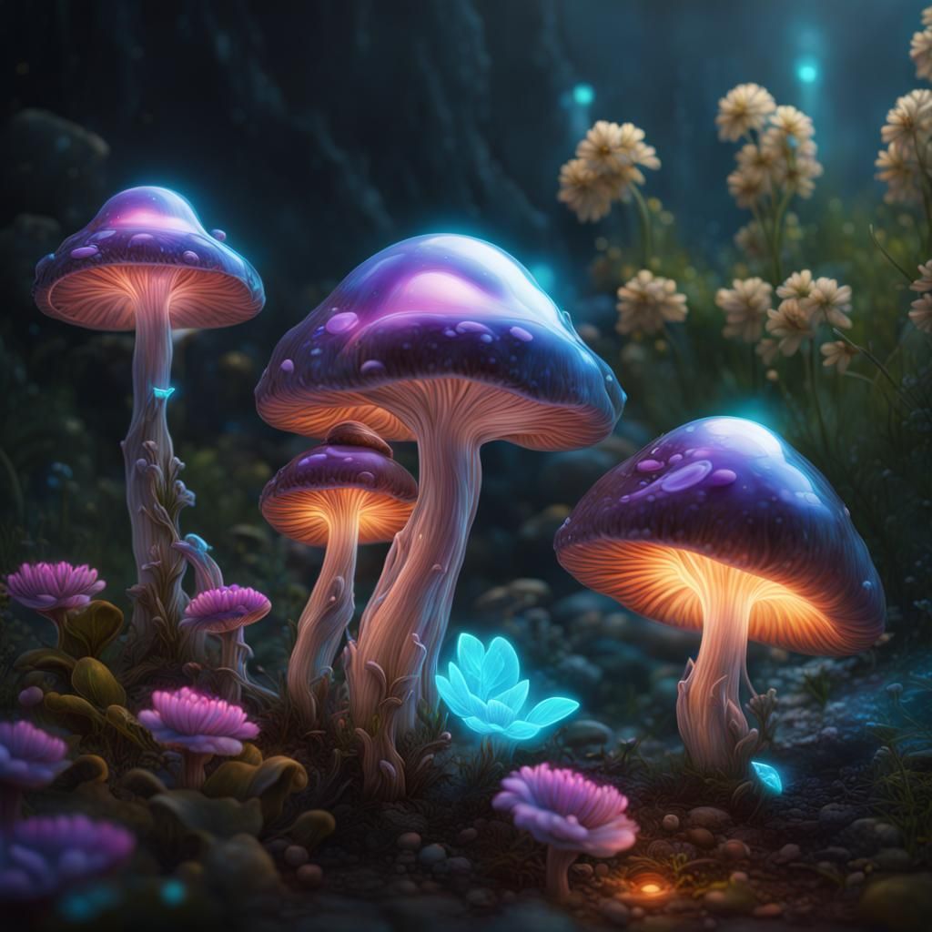 Bioluminescent Glass Mushrooms in Detailed Matte Painting