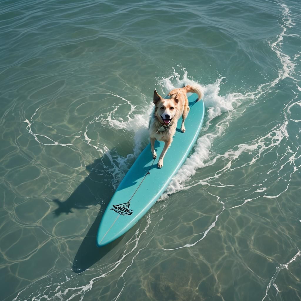 Blue Heeler Surfing on Teal Waters, Detailed Matte Painting
