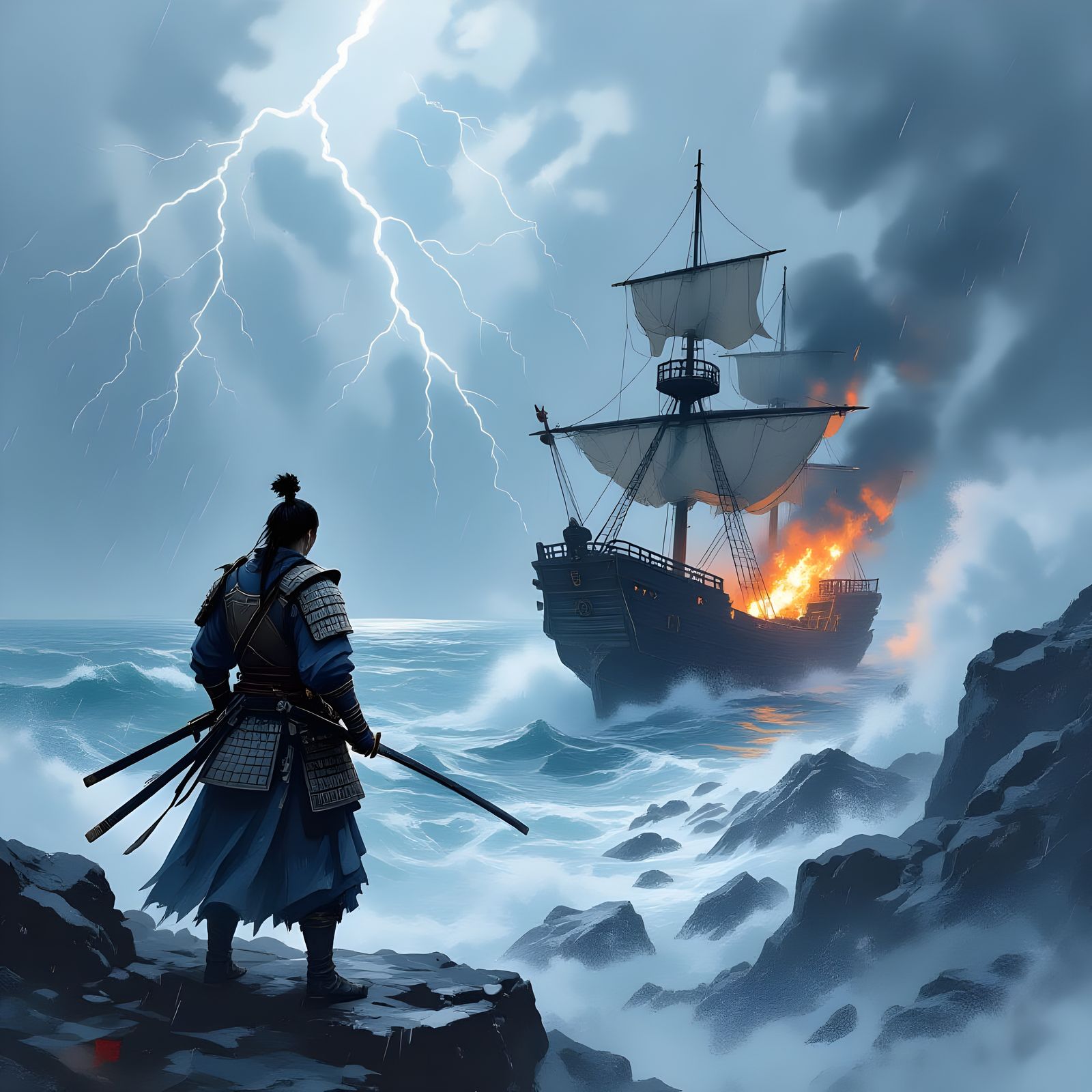 Samurai Warrior Overlooking Stormy Sea as Ink Painting