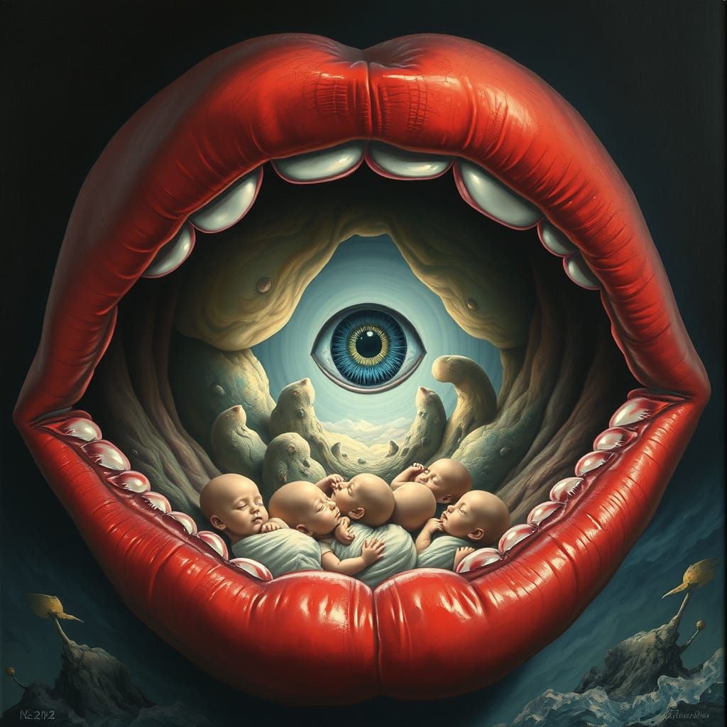 Surreal Mouth with Swaddled Babies and Piercing Eye