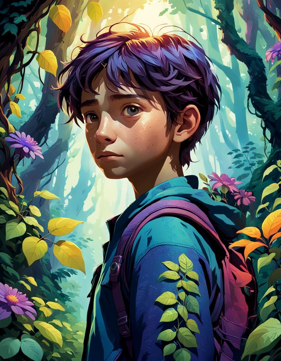 Young Adventurer at Lush Forest Edge: Hyperrealistic Concept...