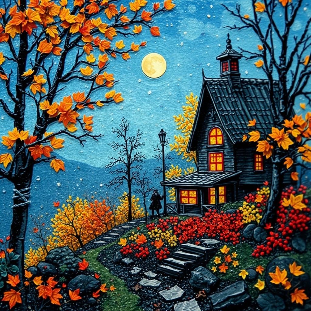 Glowing Autumn Miniature Scene with Magical Elements