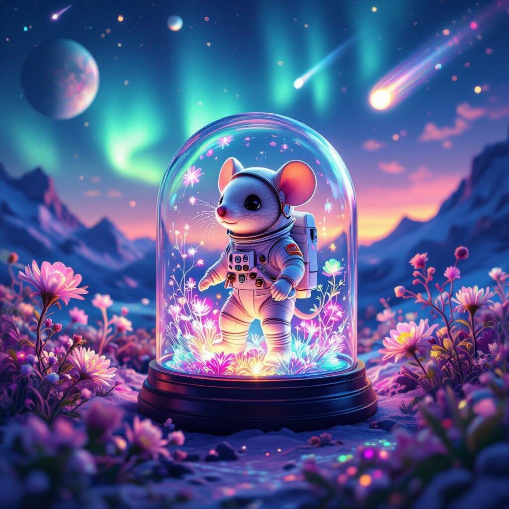 Astronaut Mouse Among Glowing Space Flora, Hyperrealistic