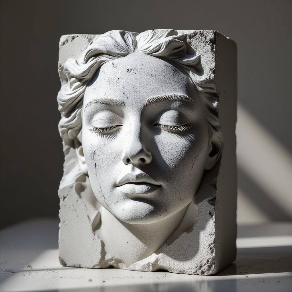 Hyperrealistic Concrete Face Sculpture in Minimalist Studio