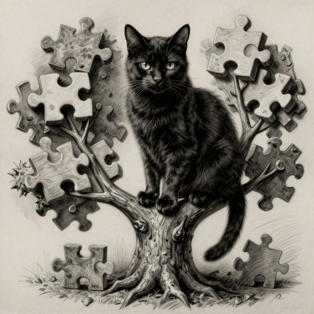 Black Cat in 3D Puzzle Tree Charcoal Drawing