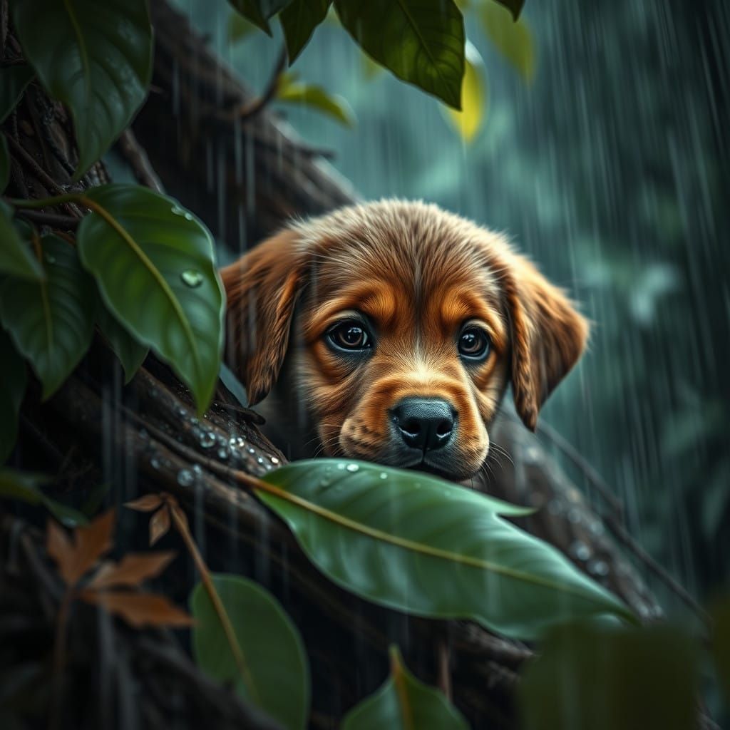 Brown Puppy Hidden Under Fallen Tree in Heavy Rain Jungle