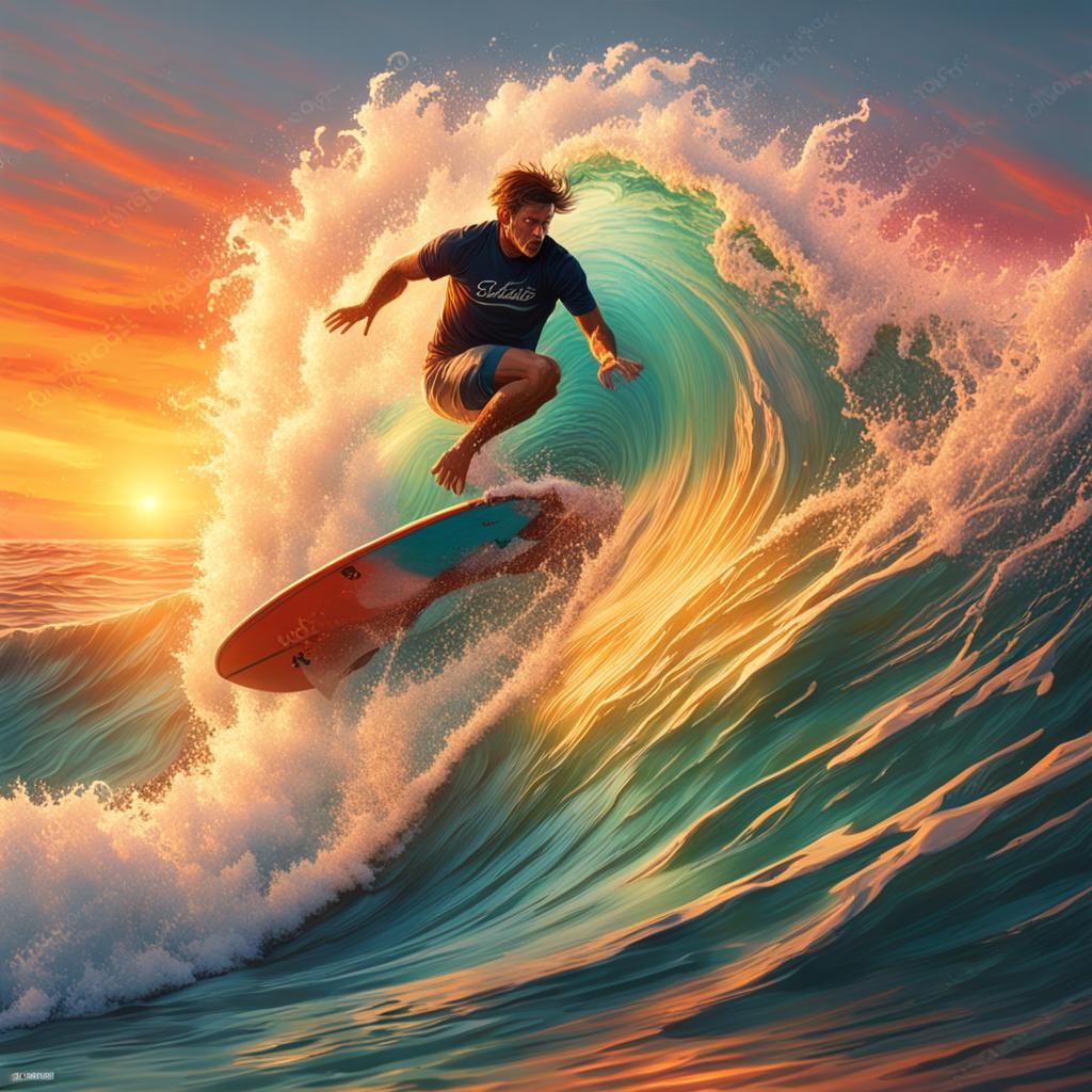 Surfer Rides Sunset Wave in Hyperrealistic Splash Art
