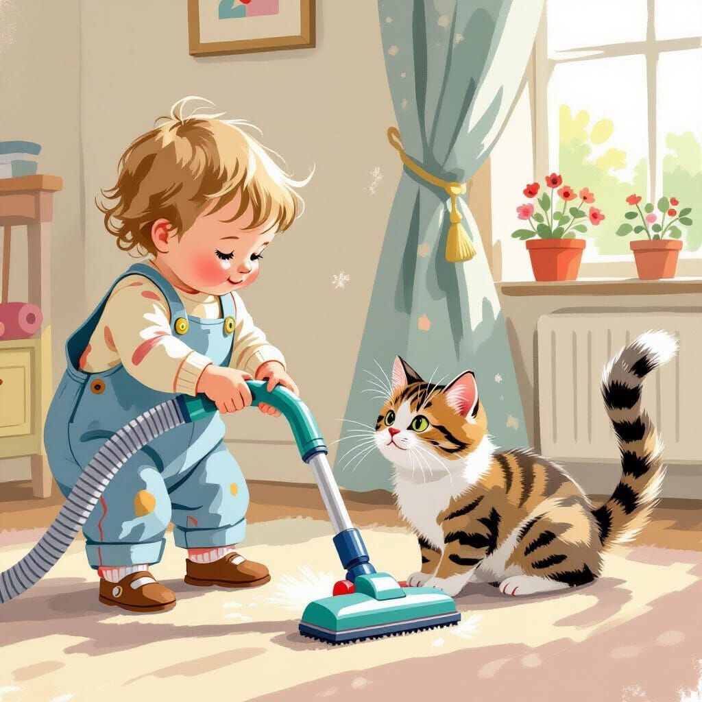 Toddler Vacuums Cat Tail: Whimsical Storybook Illustration