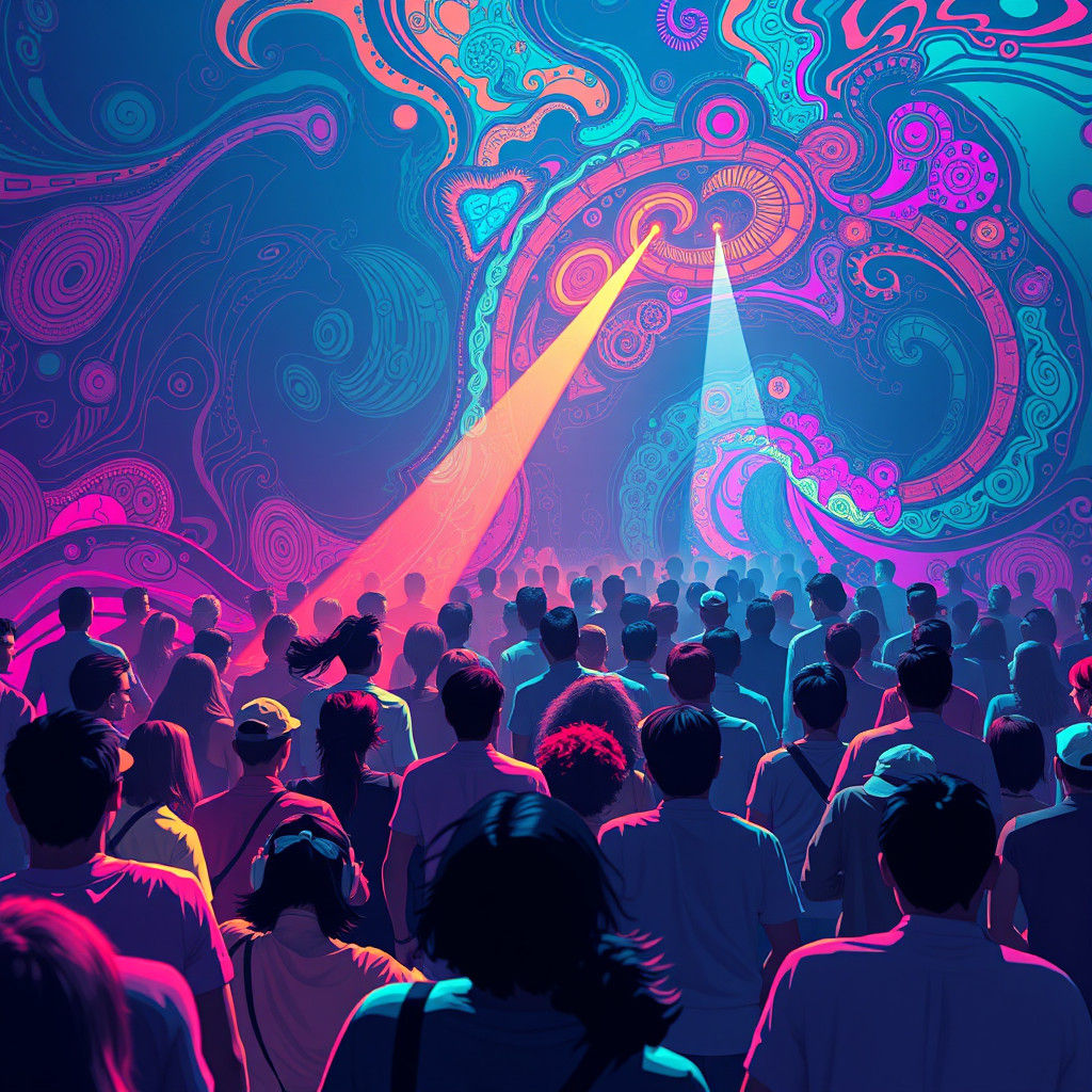 Tekno Music Night: Pulsating Crowd with Abstract Fractals