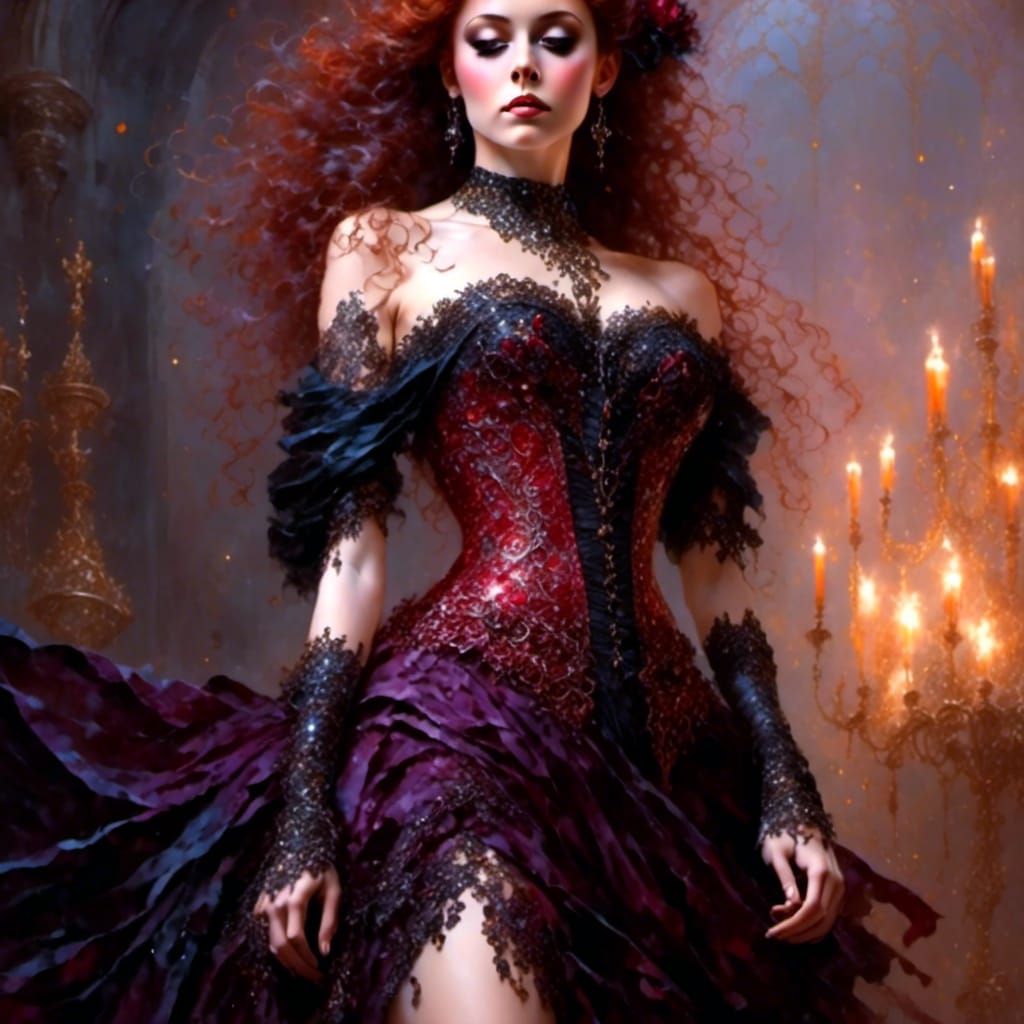 Fantasy Ballerina with Red Hair and Jeweled Corset