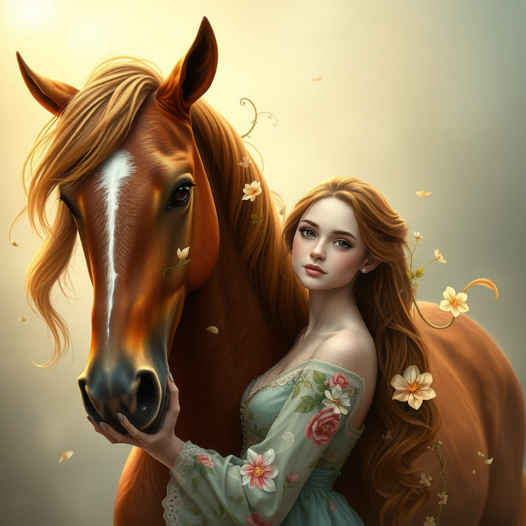 Ethereal Flower Girl with Golden Horse, Art Nouveau Style
