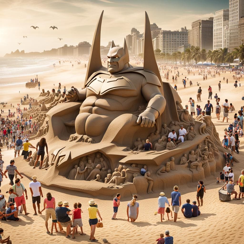 Sand sculpture of a fat Batman driving Batmobile