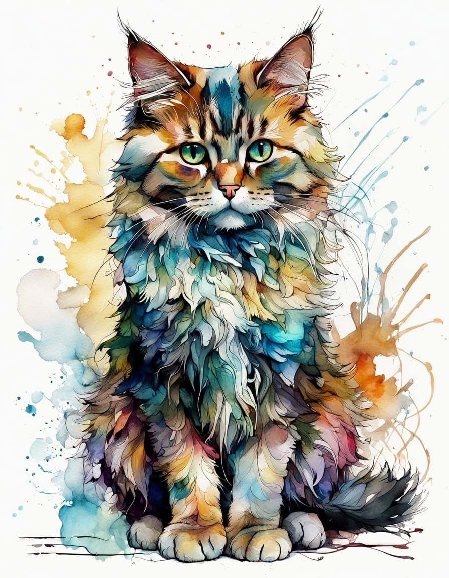 Colorful Alcohol Ink Drawing of Elegant Fluffy Cat