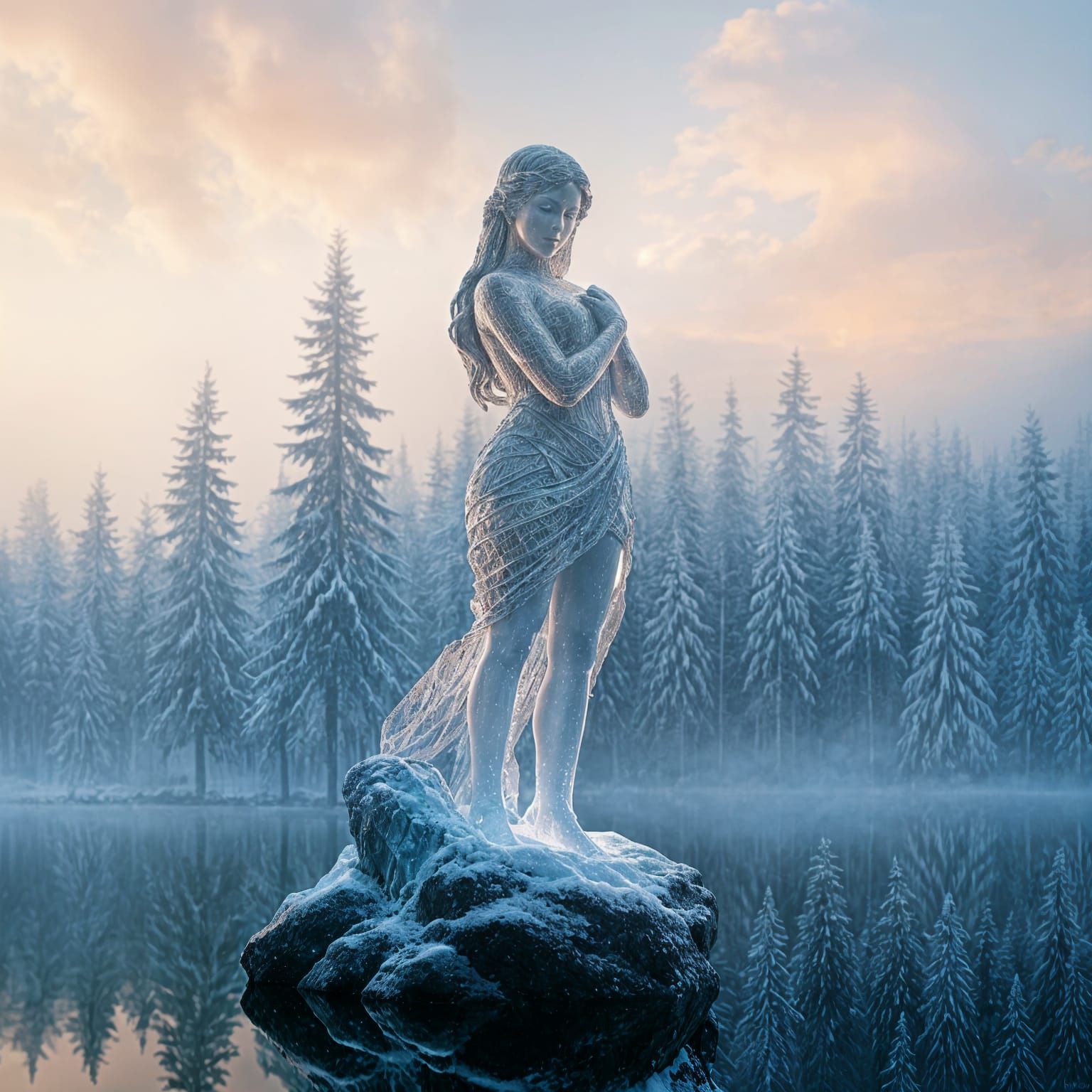 Hyperrealistic Crystal Woman in Forest Scene