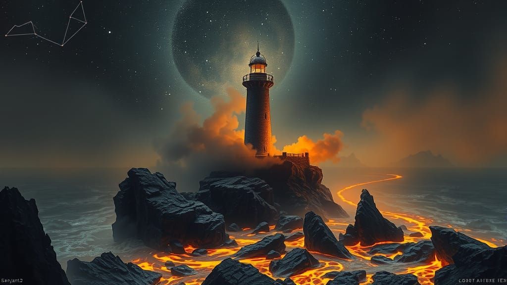 Dark Fantasy Lighthouse on Obsidian Island in Molten Gold Se...