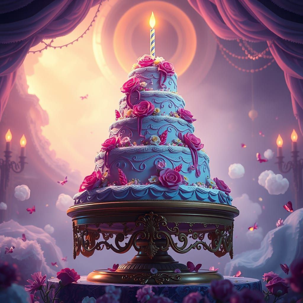 Majestic Birthday Cake in Whimsical Dreamlike Atmosphere