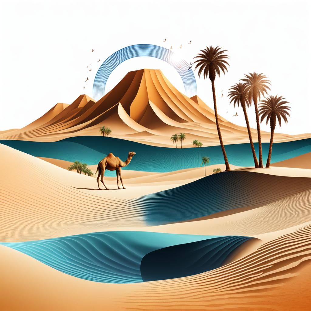 Desert Oasis with Palm and Camel