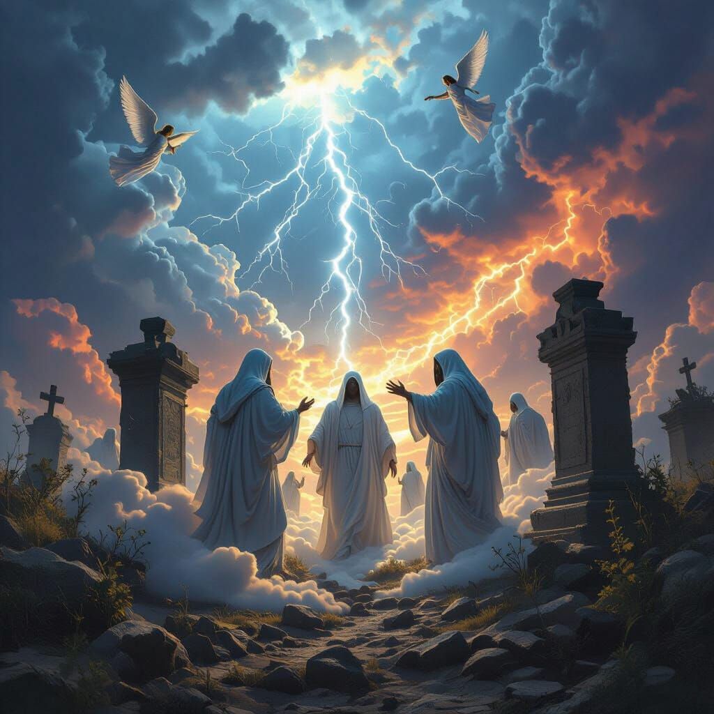 Saints Rise Amidst Storm and Angels, Hyperrealistic