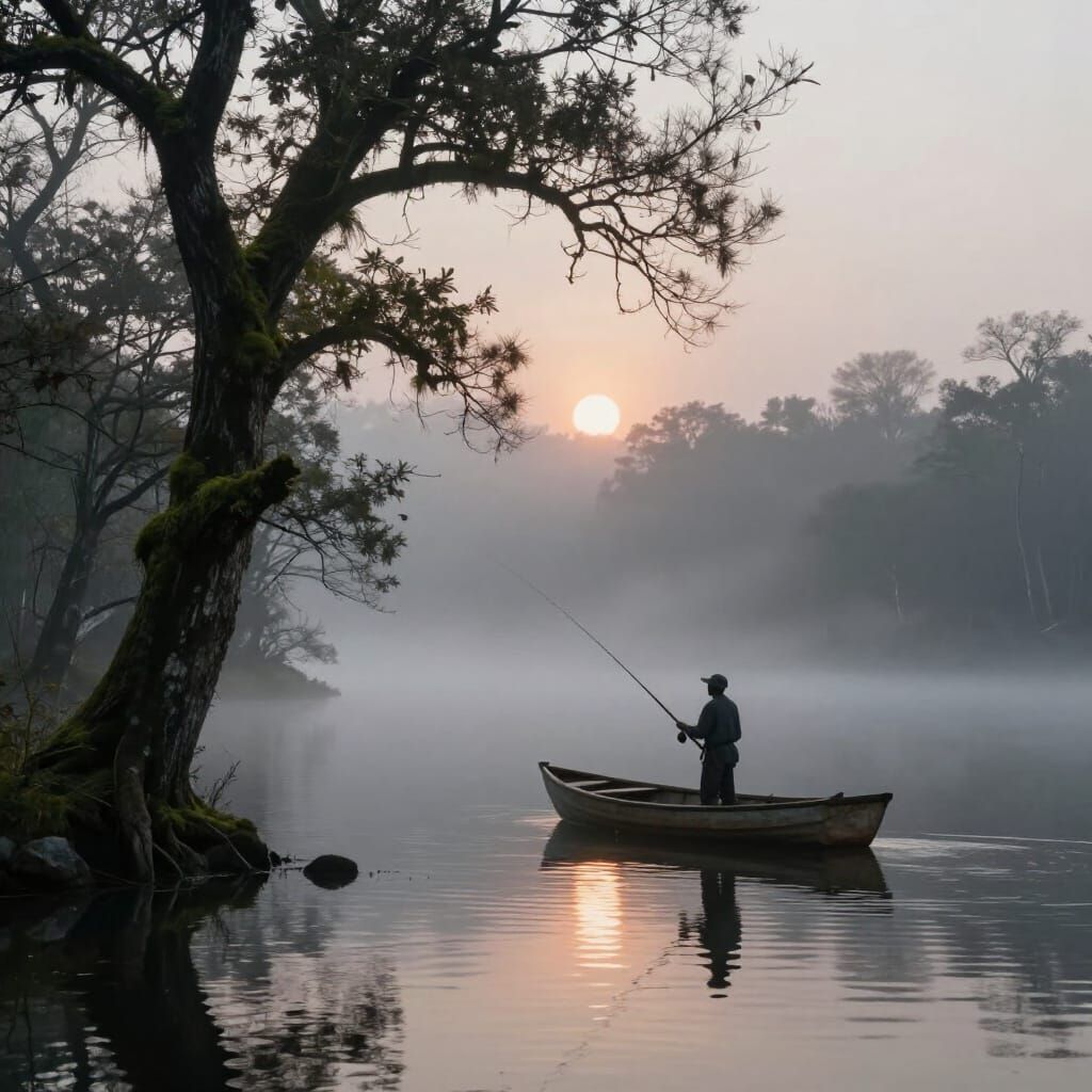 Fisherman on Misty Lake at Dawn in Fantasy Style