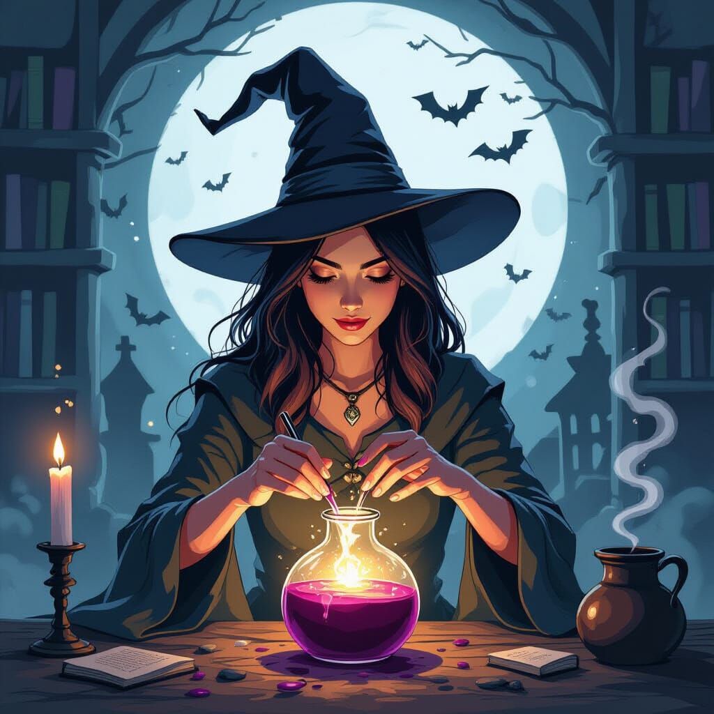 Ink Drawing of a Witch Brewing Potion