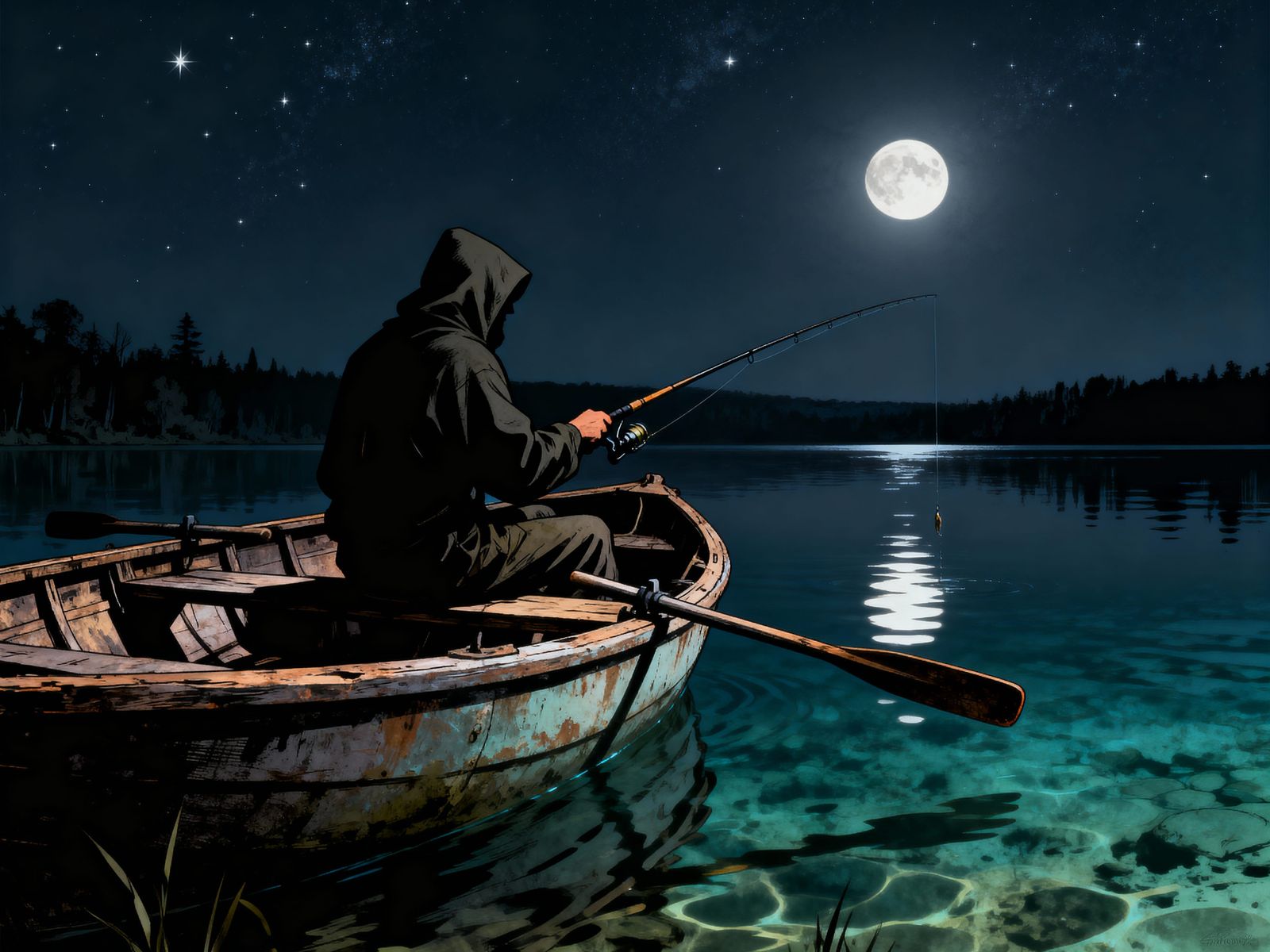 Fisherman in Moonlit Boat: Realistic Comic Illustration