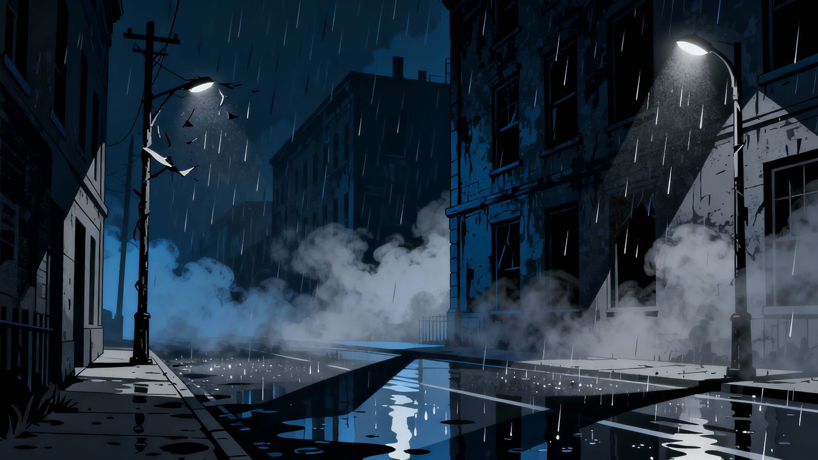 Dark City Street at Night 2D Illustration