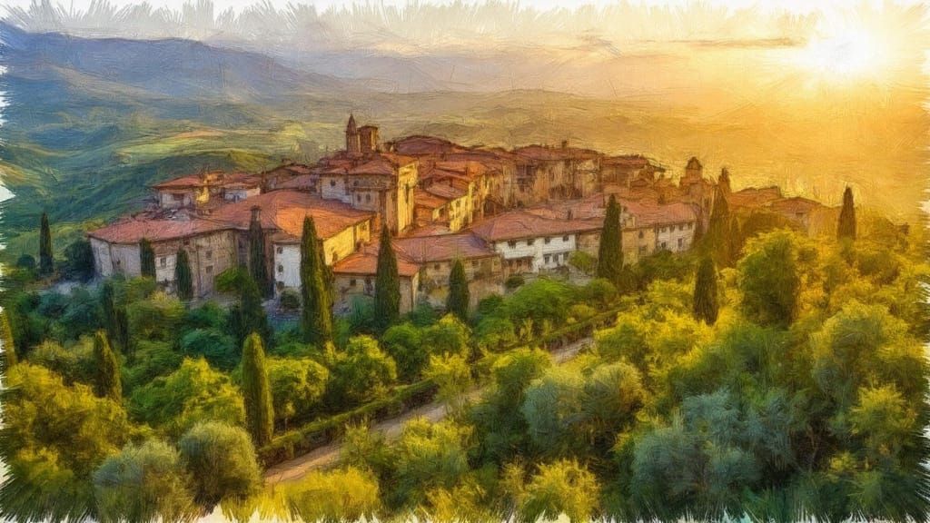 Luminous Tuscan Village at Sunset Glow