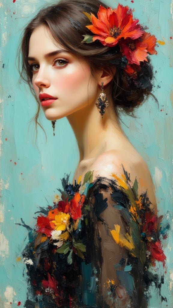 Impressionist Portrait of Woman in Floral Dress