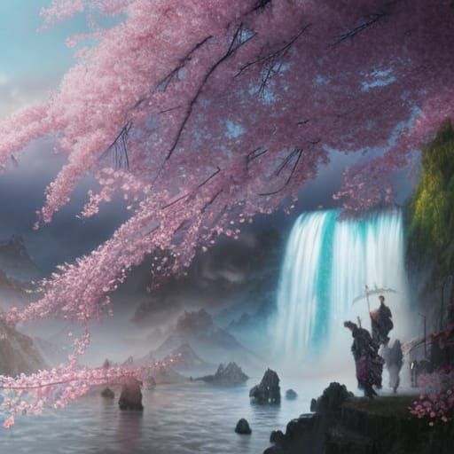 Cherry Blossom Waterfall in Ethereal Fantasy Style
