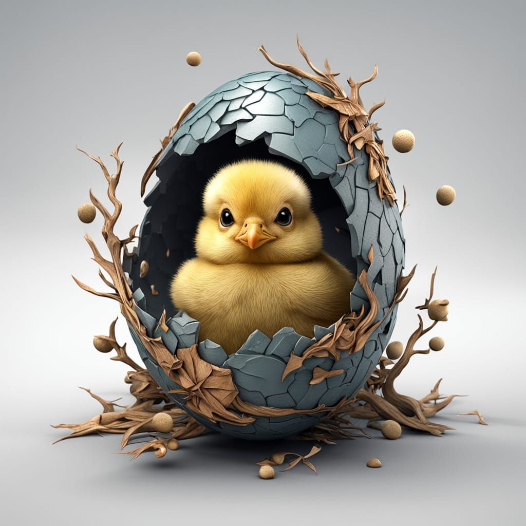 3D Digital Art: Chick Hatching From Egg Portrait