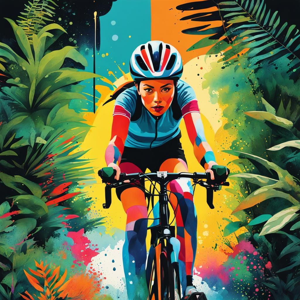 Woman on Bike Transformed in Jungle, Pop Art Style