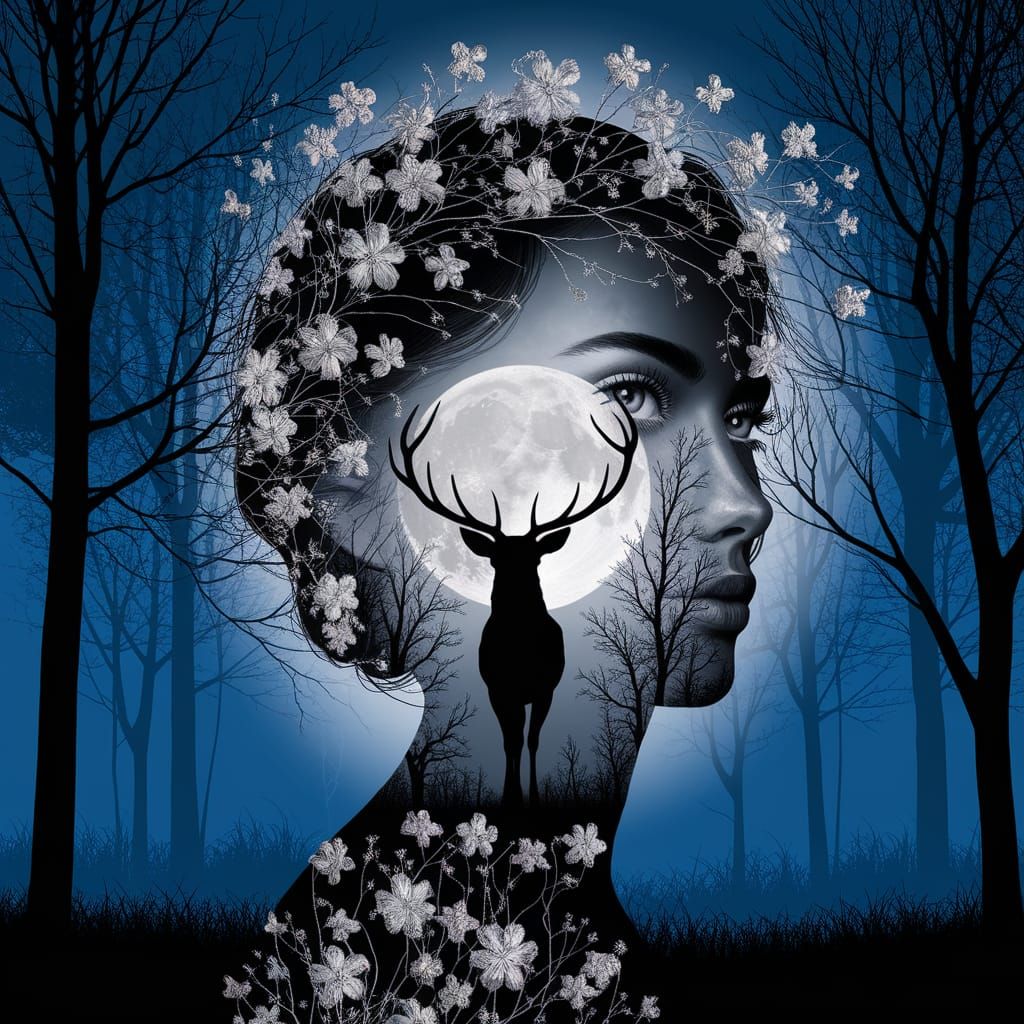 Ethereal Woman with Flowers and Moonlit Stag