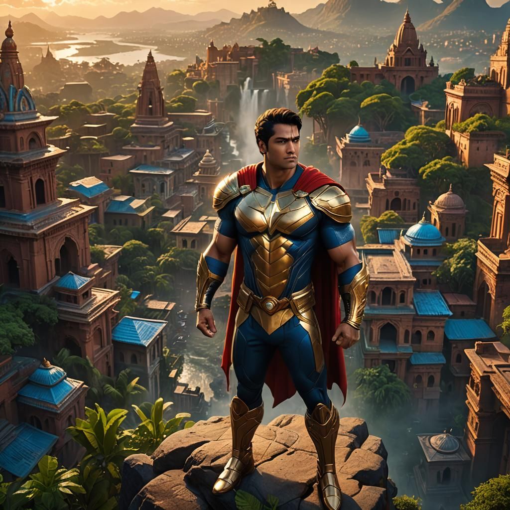 Majestic Superhero in Ancient Indian Cityscape