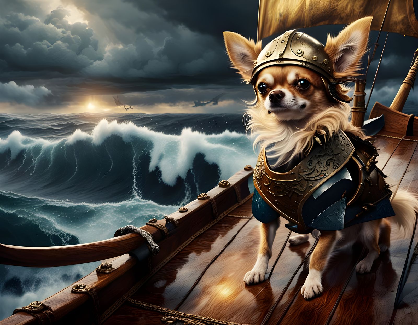 Majestic Chihuahua Viking Warrior on Stormy Ocean