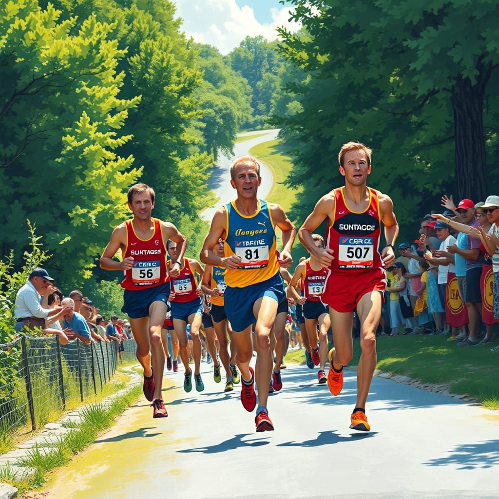 Vibrant Runners Conquer the Hill in a Pop Art Landscape